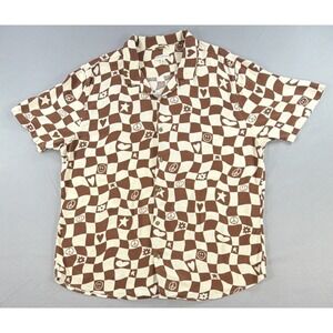 Earthbound Shirt Mens XL Brown Checkerboard Y2K Smiley Peace Retro Button Up 70s